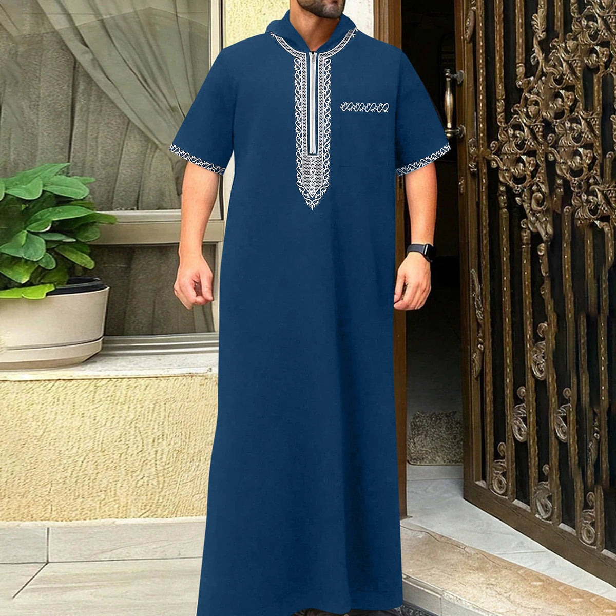 Thobe pour hommes marocain, manches longues style ethnique brodé col montant conception de fermeture éclair hommes musulmans à la mode Abaya fest arabe