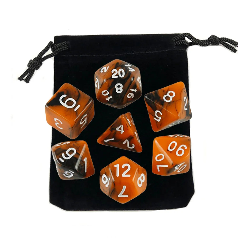 Dés polyédriques avec sac — jeu de société, jeu de rôle, d4, d6, d8, d10, d12, d20, 7 pièces