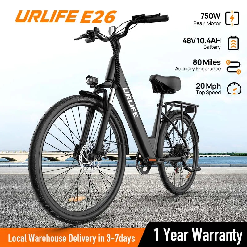 Vélo Électrique 750W 48V 10,4Ah 26 Pouces — Batterie Amovible 20 MPH 7 Vitesses
