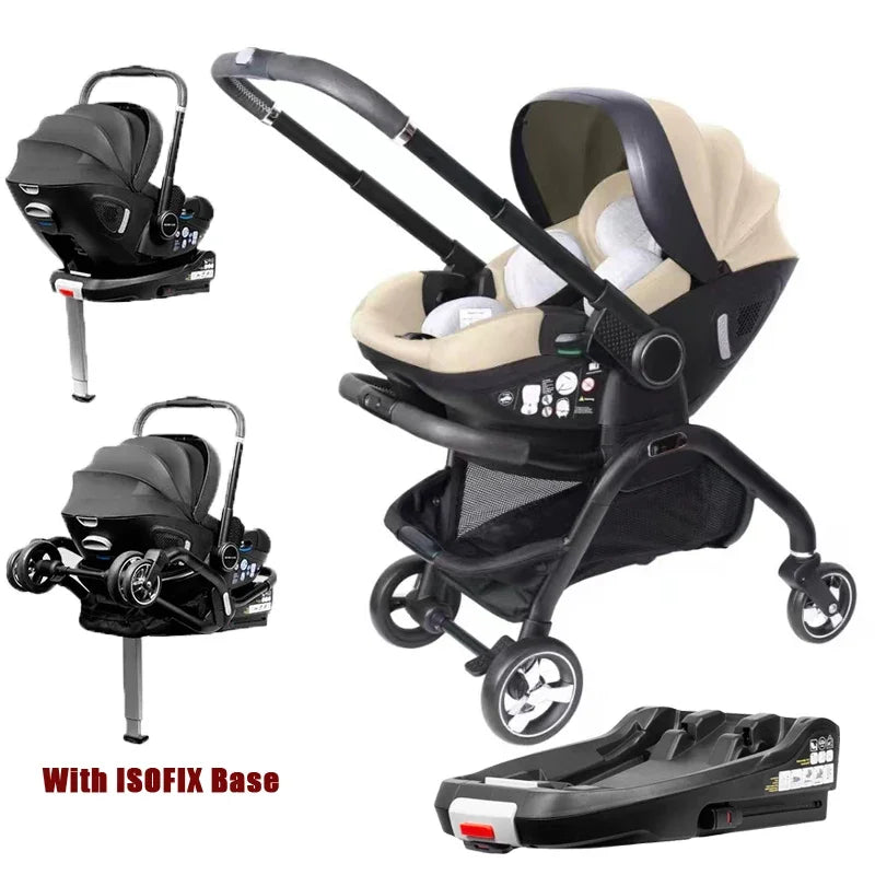 4-in-1 Baby Stroller, Child Car Seat with ISOFIX Base, Portable and Lightweight Luxury Stroller for Newborns
