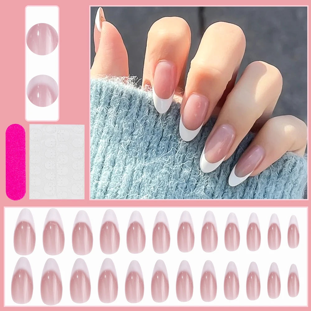 24 pièces/ensemble français rose carré court faux ongles presse sur ongles bord blanc nu rose ongles conseils couverture complète portable pointe française