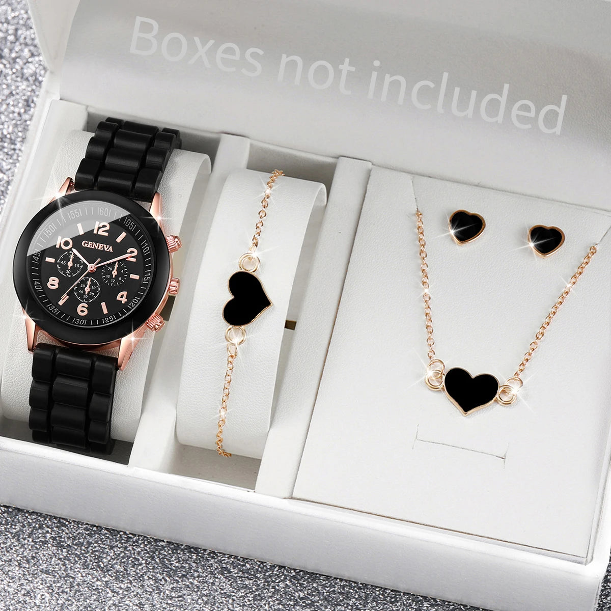 5-6 Pieces Quartz Watch Set for Women with Silicone Strap, Fashionable Clock, Gift for Girls, No Box