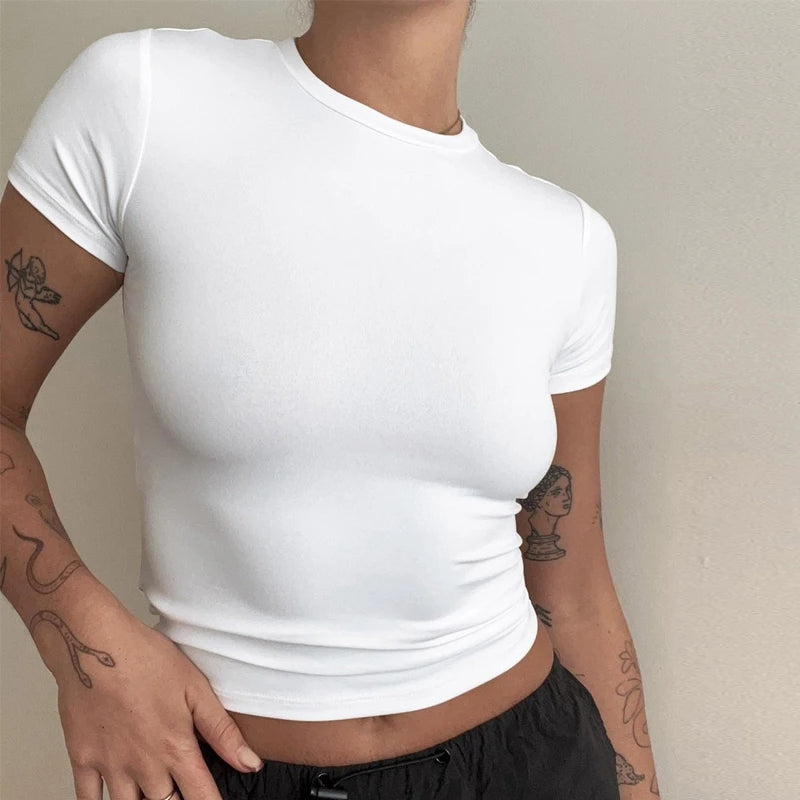Women's Short Sleeve T-Shirt Slim Fit Tops for Women Round Neck Knitted Sheath T-Shirt Sporty Streetwear 2024 Y2K New2410
