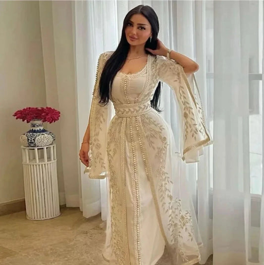 Robes de soirée musulmanes pour femmes, caftan marocain, ligne A, appliques transparentes, dentelle, Dubaï, arabe, Turquie, Abaya, robe islamique personnalisée