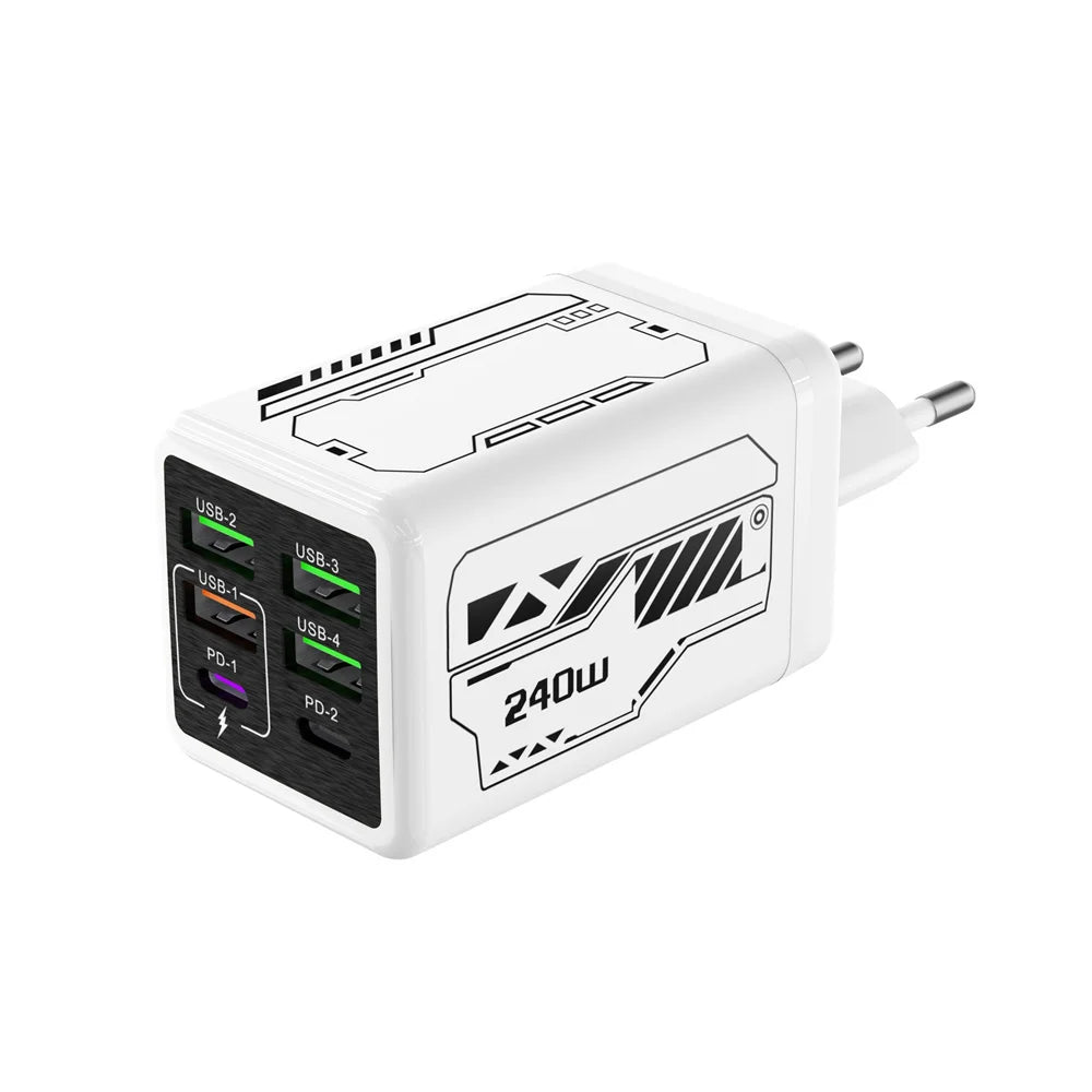 Chargeur USB 240W 6 ports charge rapide — adaptateur mural de voyage, prise EU/US/UK, Type C PD
