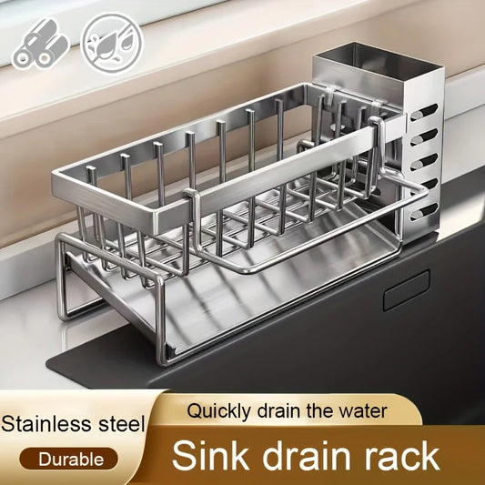 Support de rangement pour outils de nettoyage d'évier, égouttoir multifonctionnel en acier inoxydable pour cuisine, organisateur de nettoyant pour éponge, cintre pour chiffon