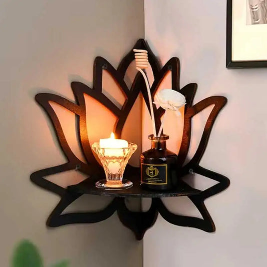 Support Décoratif Lotus en Bois — Organisateur Aromathérapie & Étagère Murale