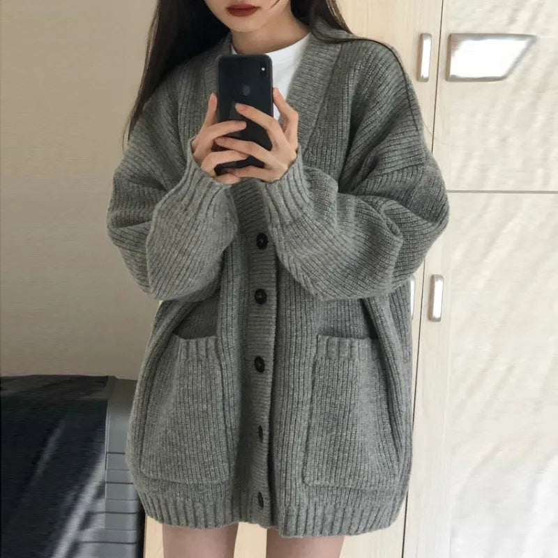 Cárdigan de mujer otoño invierno, abrigos suéter, moda femenina, cuello en V, manga larga, suelto, punto, chaquetas, suéter, cárdigan informal
