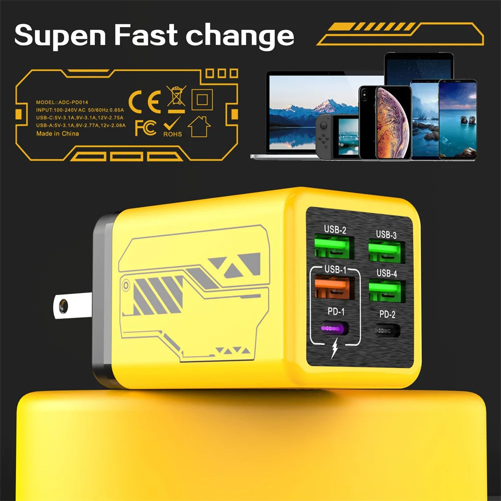 Chargeur USB 240W 6 ports charge rapide — adaptateur mural de voyage, prise EU/US/UK, Type C PD