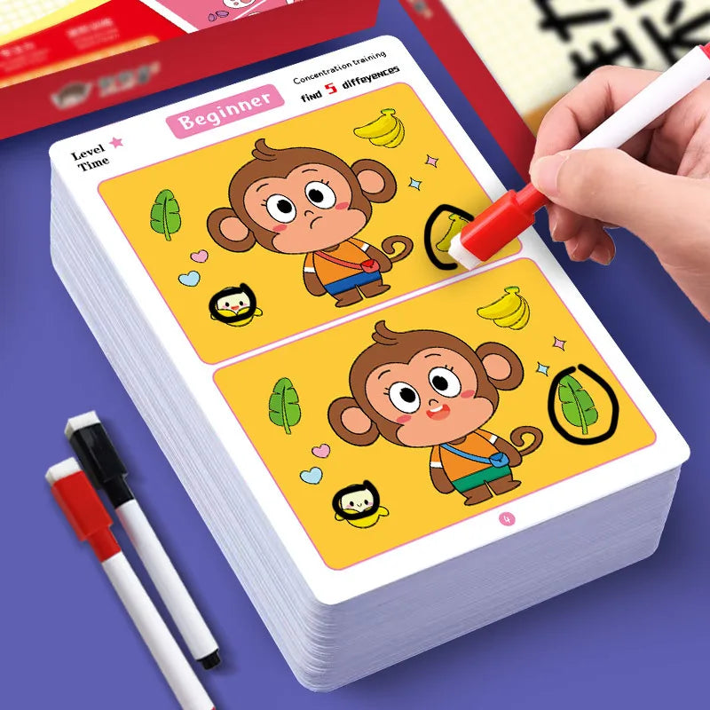 Trouver des différences Jeu de cartes Puzzle éducatif de dessin animé réutilisable pour enfants Trouvez des niveaux de difficulté pour la formation à l'attention de concentration