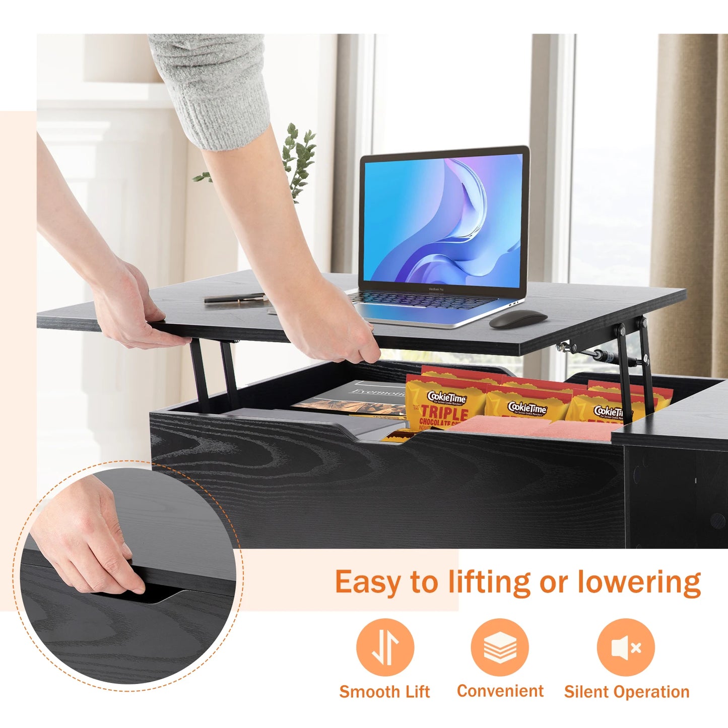 JHK Mesas de centro elevables para salón de 39.37"x 19.7" Mesa de comedor de madera, estante de almacenamiento ajustable, fácil de subir o bajar