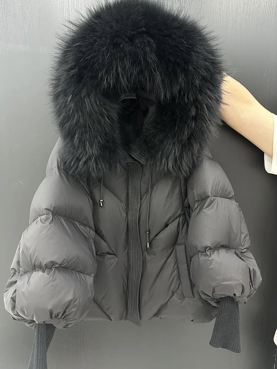 Hiver à capuche naturel grand col de fourrure doudoune femmes court blanc canard vers le bas vêtements d'extérieur femme lanterne manches chaud matelassé veste