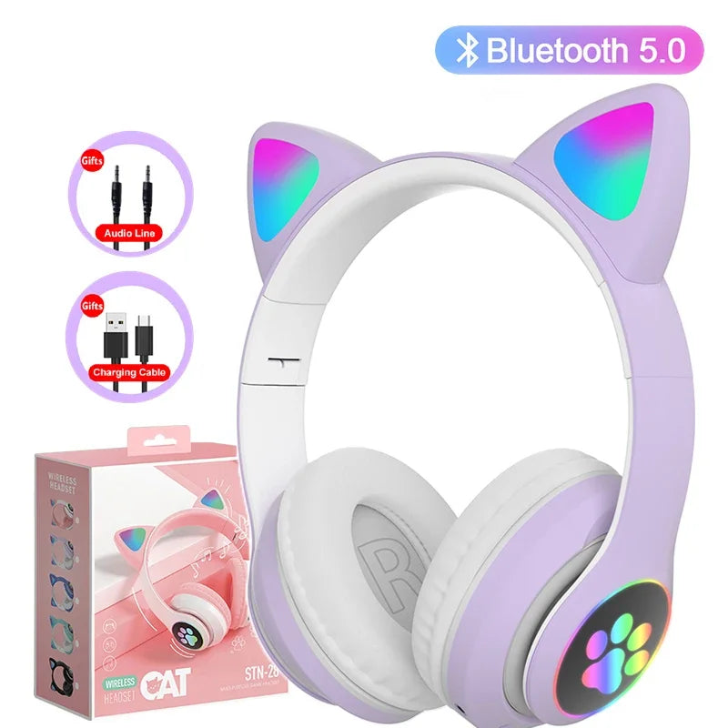 Lampe Flash oreilles de chat mignonnes, casque d'écoute stéréo bluetooth 5.0 avec Support de micro, carte TF, sans fil, pour enfants filles, cadeau d'anniversaire