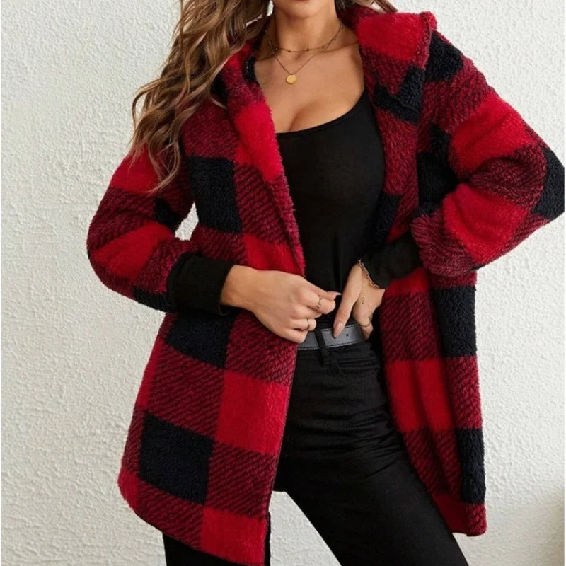 Cardigan Double polaire à carreaux pour femme, doux, ample, manches longues, peluche, chaud, veste à capuche, Patchwork, manteau d'extérieur, automne hiver