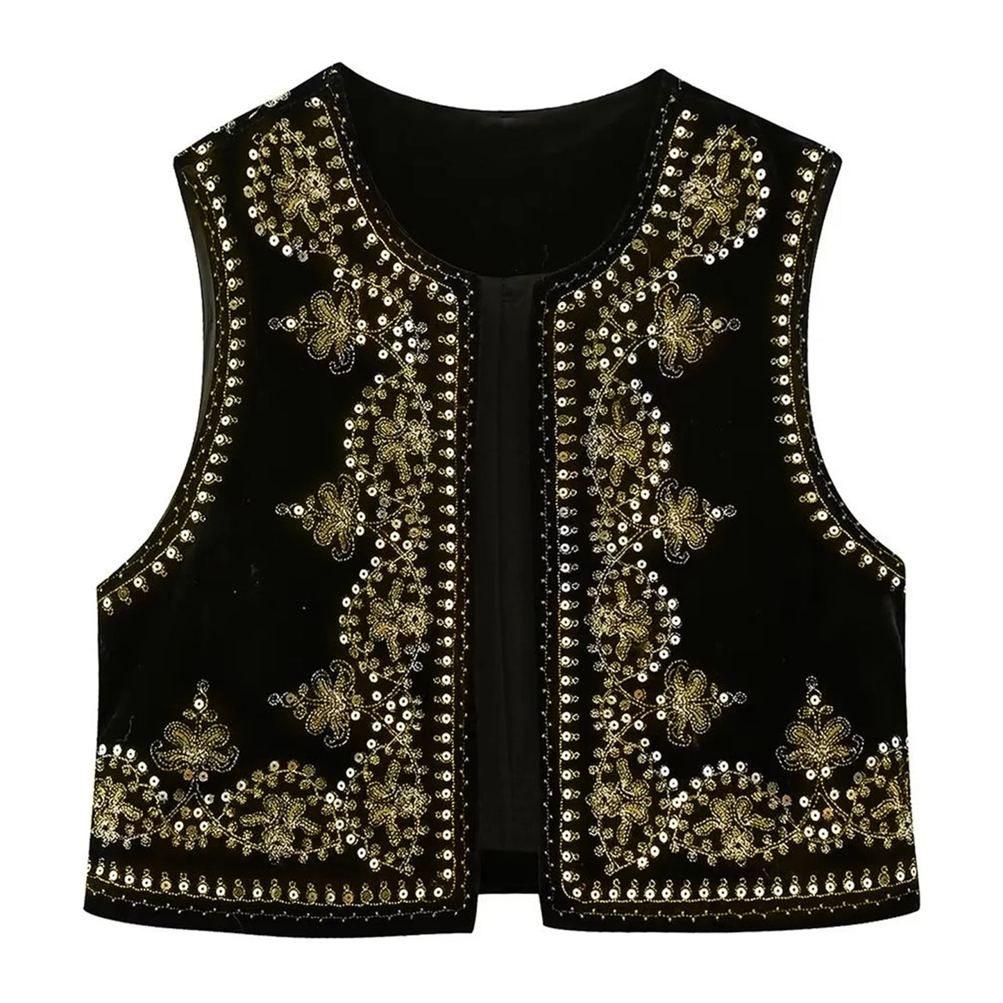 Gilet brodé noir Vintage à motif Floral pour femmes, sans manches, ouvert sur le devant, court polyvalent, vêtements d'extérieur y2k, Cardigan Boho court