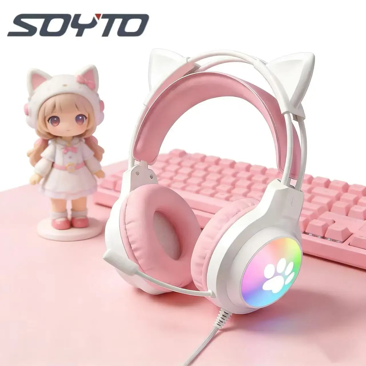 Casque gaming oreilles de chat filaire — suppression du bruit, éclairage LED, son surround FPS, avec micro