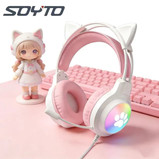 Casque gaming oreilles de chat filaire — suppression du bruit, éclairage LED, son surround FPS, avec micro