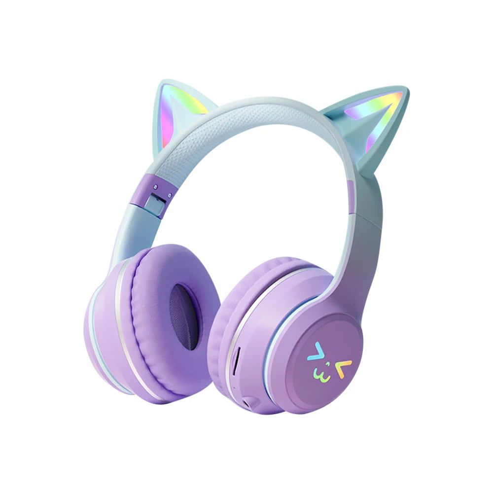 Auriculares inalámbricos degradados RGB, orejas de gato bonitas, Bluetooth, con micrófono, estéreo, para juegos de música, regalos para niñas y niños