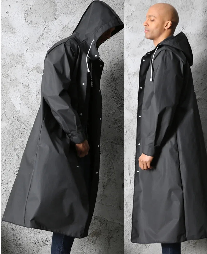 Imperméable long noir de mode pour adultes, imperméable pour femmes et hommes, avec capuche, pour la randonnée en plein air, les voyages, la pêche, l'escalade, épaissi