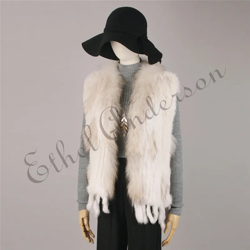 Gilet à glands en véritable fourrure de lapin tricoté — vintage, garniture fourrure raton laveur