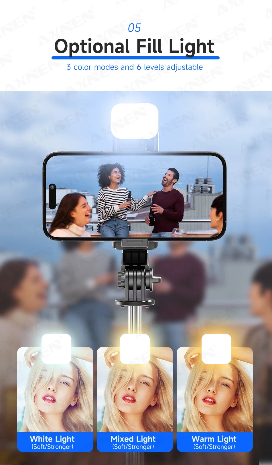 Trépied perche à selfie Bluetooth — support bureau, téléphone, obturateur télécommande sans fil, lumière de remplissage