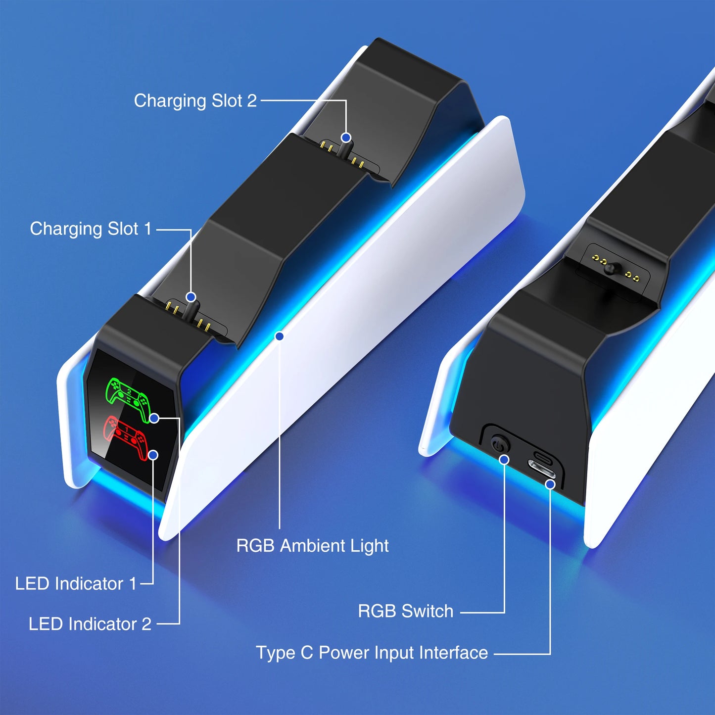 Estación de carga de controlador RGB para PS5, cargador rápido doble, indicador RGB, soporte de carga, estación de acoplamiento para mando de juego PS5