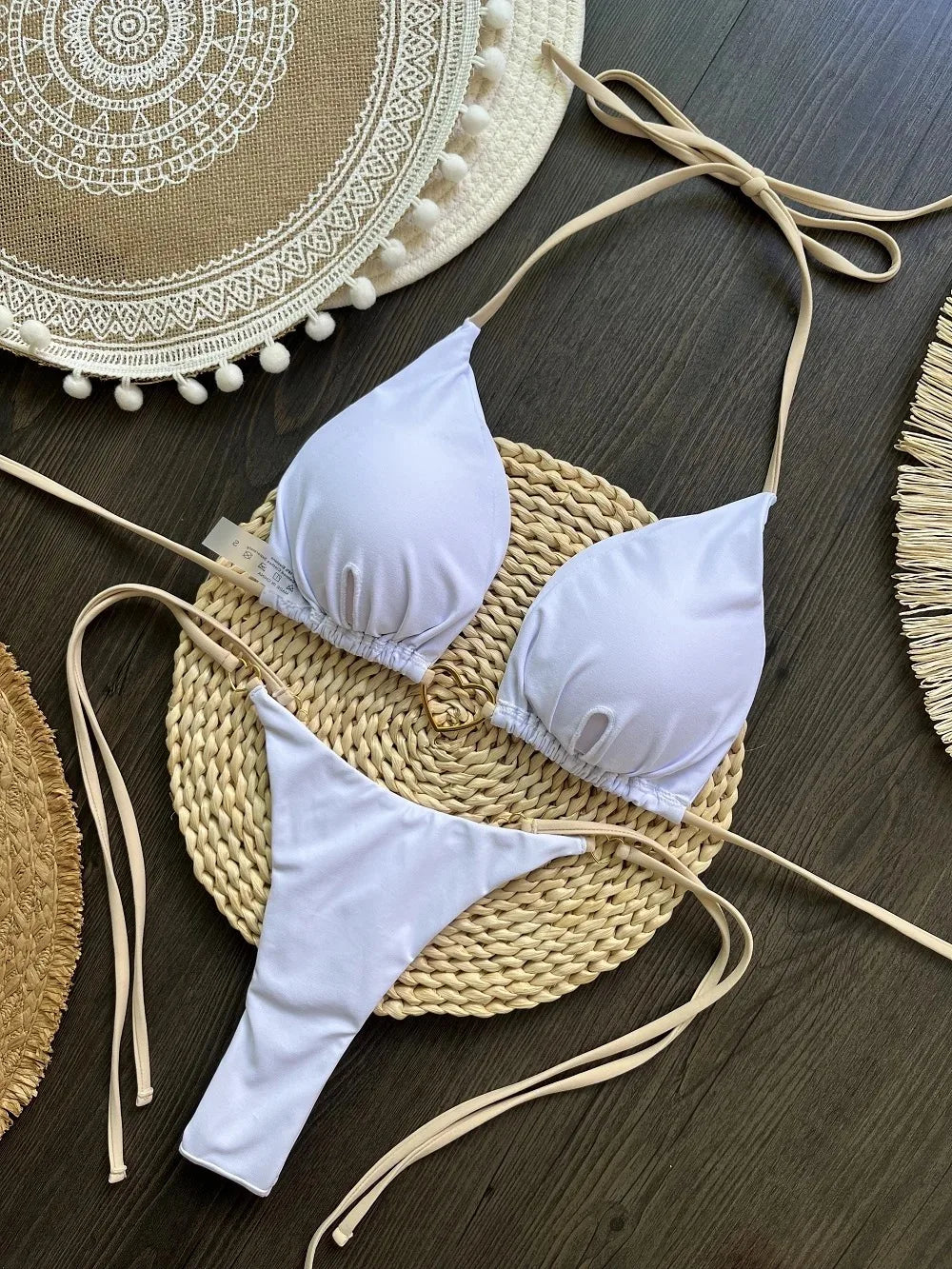 Ensemble bikini sexy dos nu couleur unie taille basse pour femme, maillot de bain deux pièces triangle string brésilien