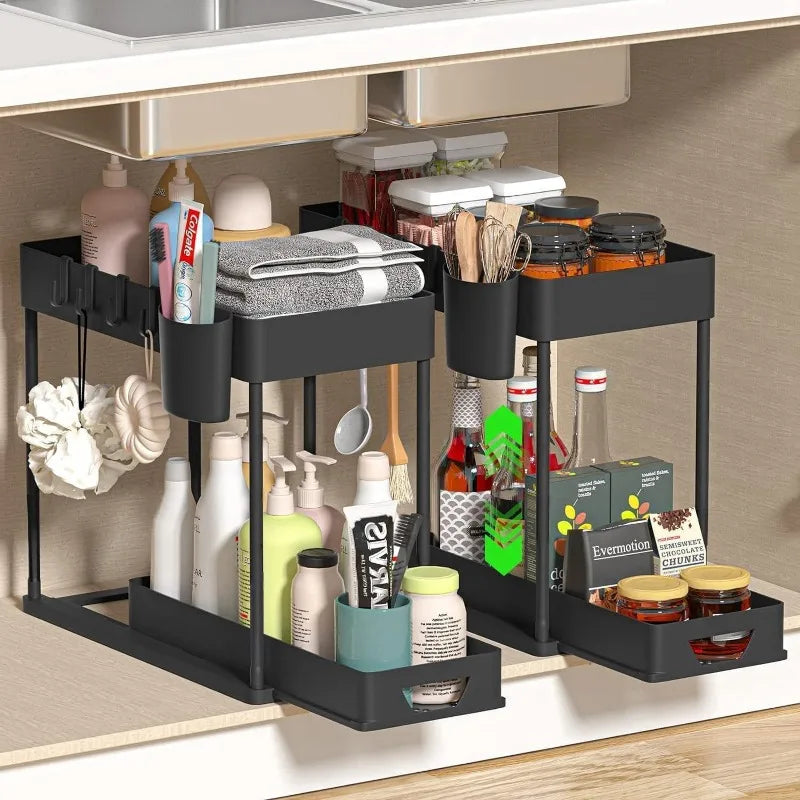 2-Tier Multifunction Kitchen Sink Organizer, Sliding Cabinet Basket with Hooks, Hanging Cup, New Space-Saving Stand for Bathroom and Kitchen
