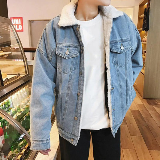 Autumn Men's Fleece Lined Denim Jackets Fashion Motorcycle Vintage Jean Jackets Men Slim Fit Casual Cotton Black Blue Coats