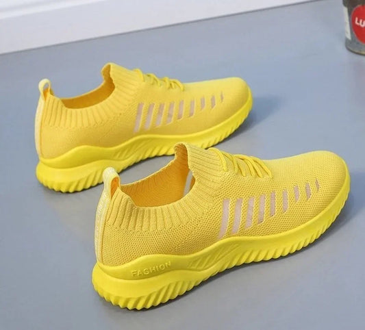 Women's Summer Sneakers, Running Shoes, Sports Shoes, White, Pink, Yellow, Tennis, Lightweight Mesh, Vulcanized Basket