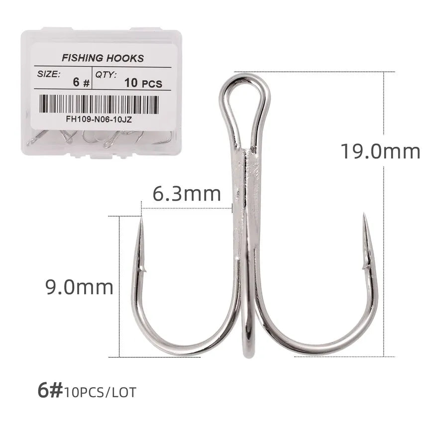 Hameçons triples de pêche aiguisés blancs, matériel de pêche au poisson, outils et accessoires, 10 pièces/boîte
