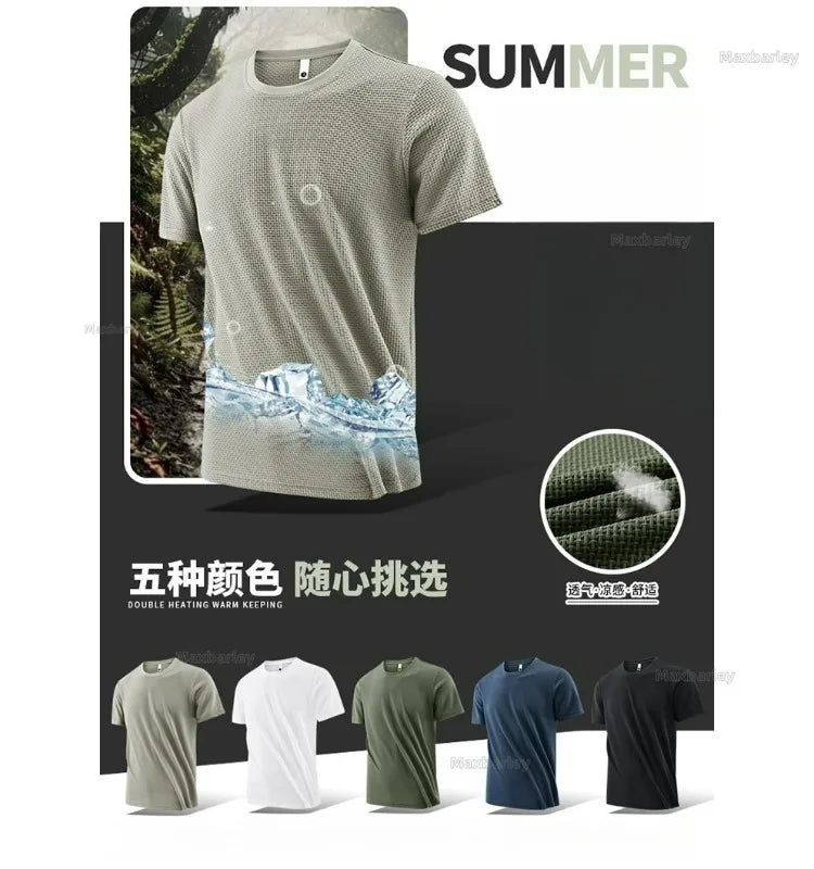 T-Shirt à manches courtes pour hommes, respirant, gaufré, séchage rapide, col rond, ample, course à pied, entraînement, haute élasticité, haut d'été fin, 2026
