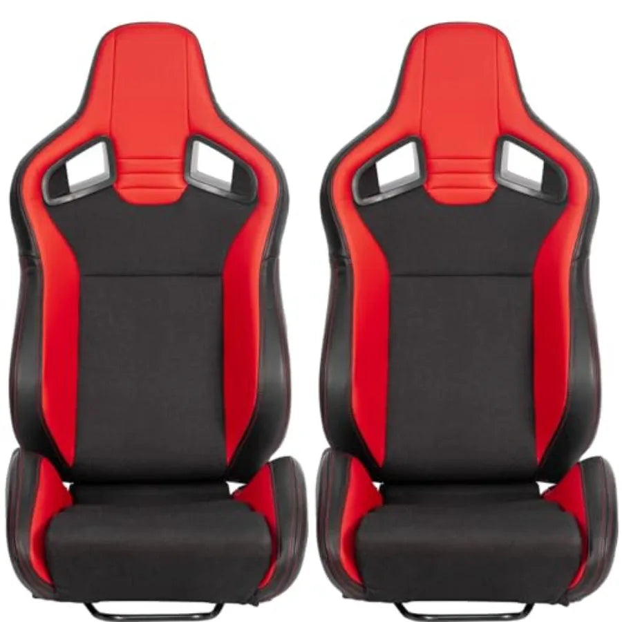 Universal Pair of Racing Seats V2 Series, Red PVC Leather Black Mesh Gloss Fabric, Reclinable Bucket Seats for Central Sports Cars