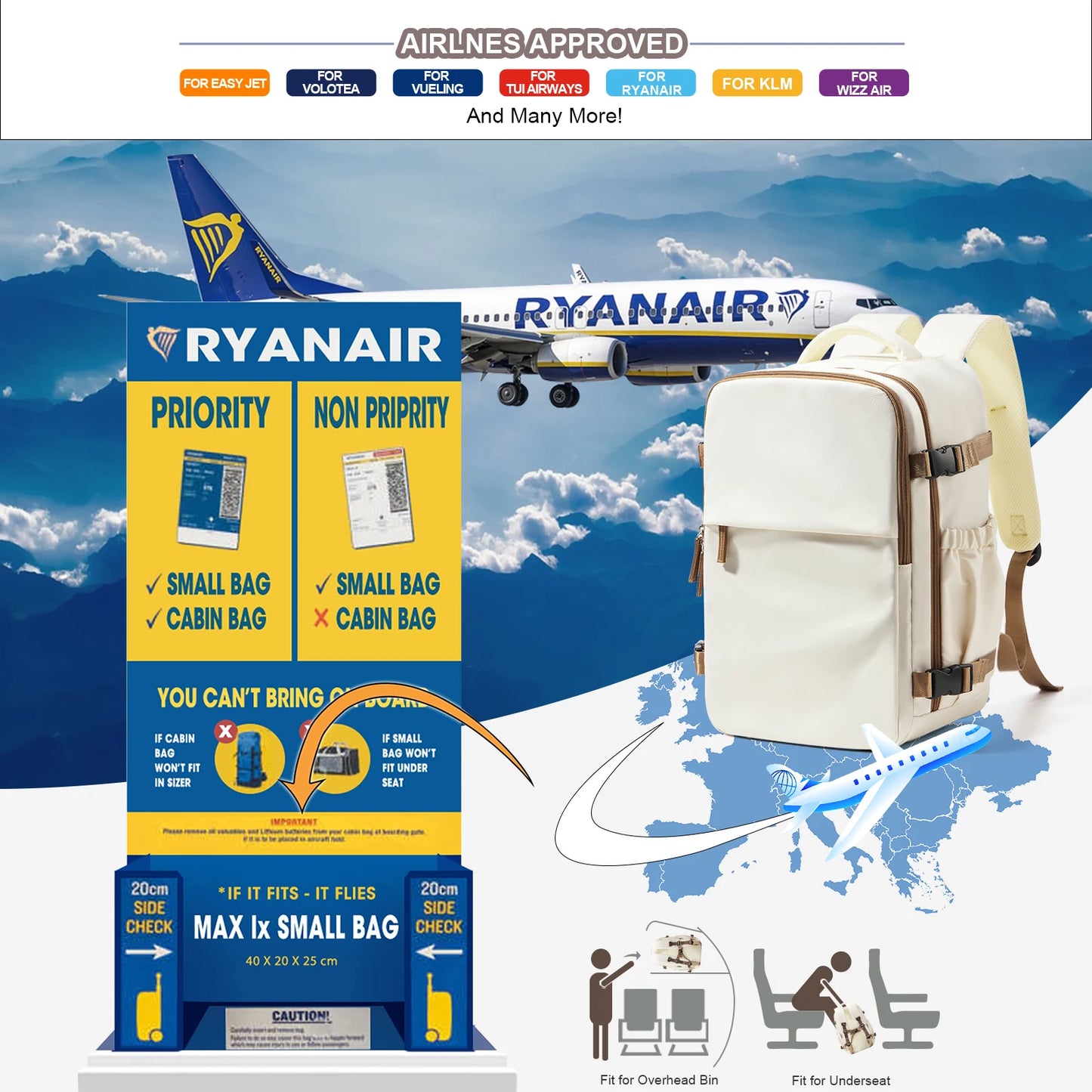 Sac à Dos Cabine Avion 40x30x20 — Ordinateur 15,6" Bagage à Main Homme Femme