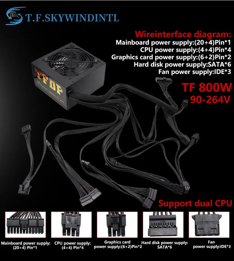 800W alimentation 90 PLUS or ATX ordinateur de bureau PSU Mining Chia puissance nominale 800W jeu compétitif Gamer 110V 220V