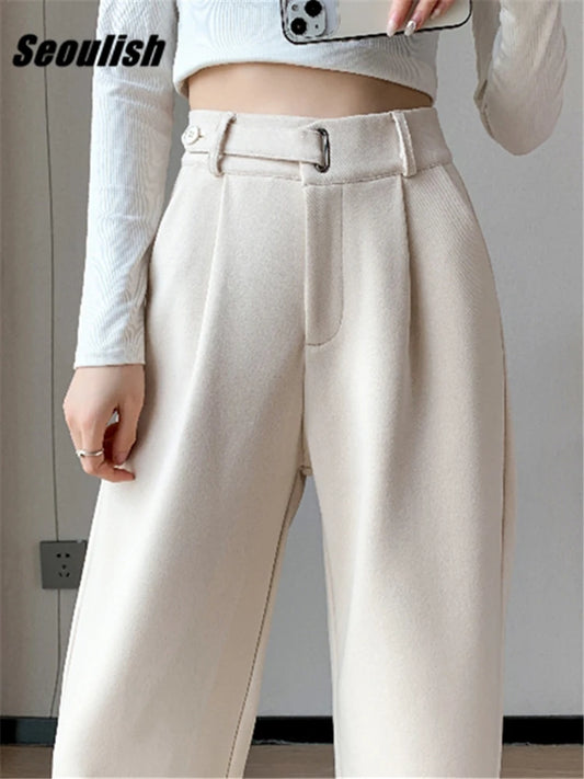 Pantalon en laine épais à jambe large pour femmes — décontracté, taille haute, bouton, chic, automne-hiver 2025