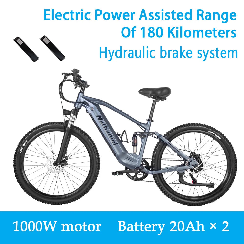 Nathaniel E-Bike, 1000W Brushless Motor, 27.5 Inch Adult Electric Mountain Bike, 45Ah Large Capacity Batteries, 7 Speed, 45KM/H, Outdoor Travel Bike