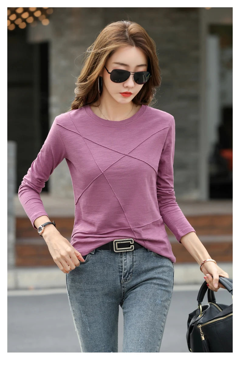 2026 printemps à manches longues femmes col rond bambou coton T-Shirt élégant ample côtelé mode T-Shirt dames Simple hauts