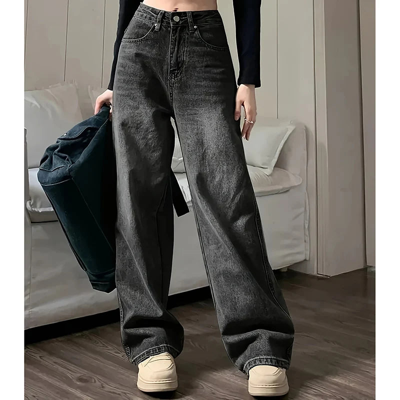 Pantalones vaqueros de mujer de talle alto, estilo urbano, de diseñador, de pierna ancha, gris clásico, gótico, de corte recto, moda