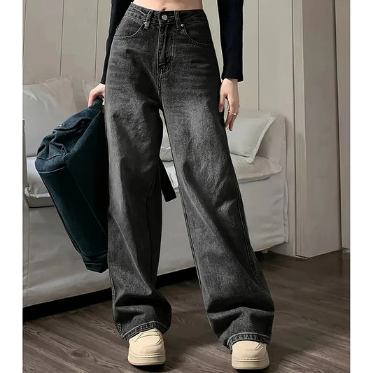 Women's high-waisted jeans, streetwear, designer, wide leg, classic grey, gothic, straight pants, fashion
