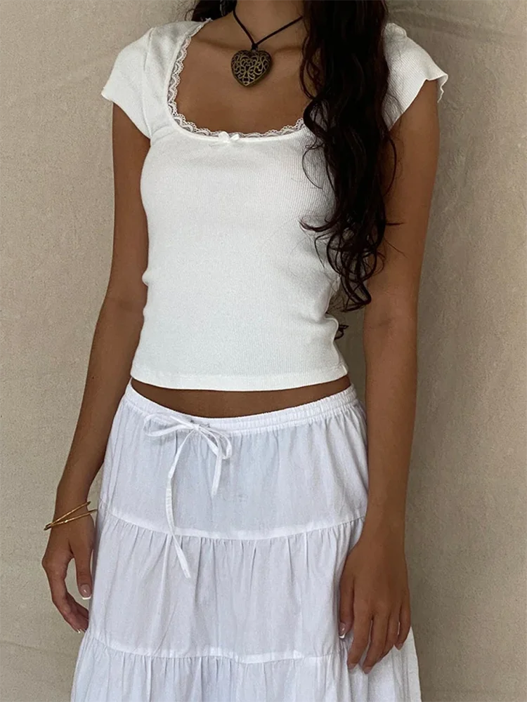 Y2K Vintage Baby T-Shirt Cottagecore Lace Trim Knitted T-Shirt Summer Square Neck Short Sleeve T-Shirt Women White Milkmaid Crop Top