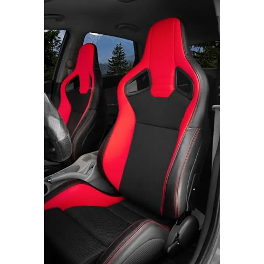 Universal Pair of Racing Seats V2 Series, Red PVC Leather Black Mesh Gloss Fabric, Reclinable Bucket Seats for Central Sports Cars