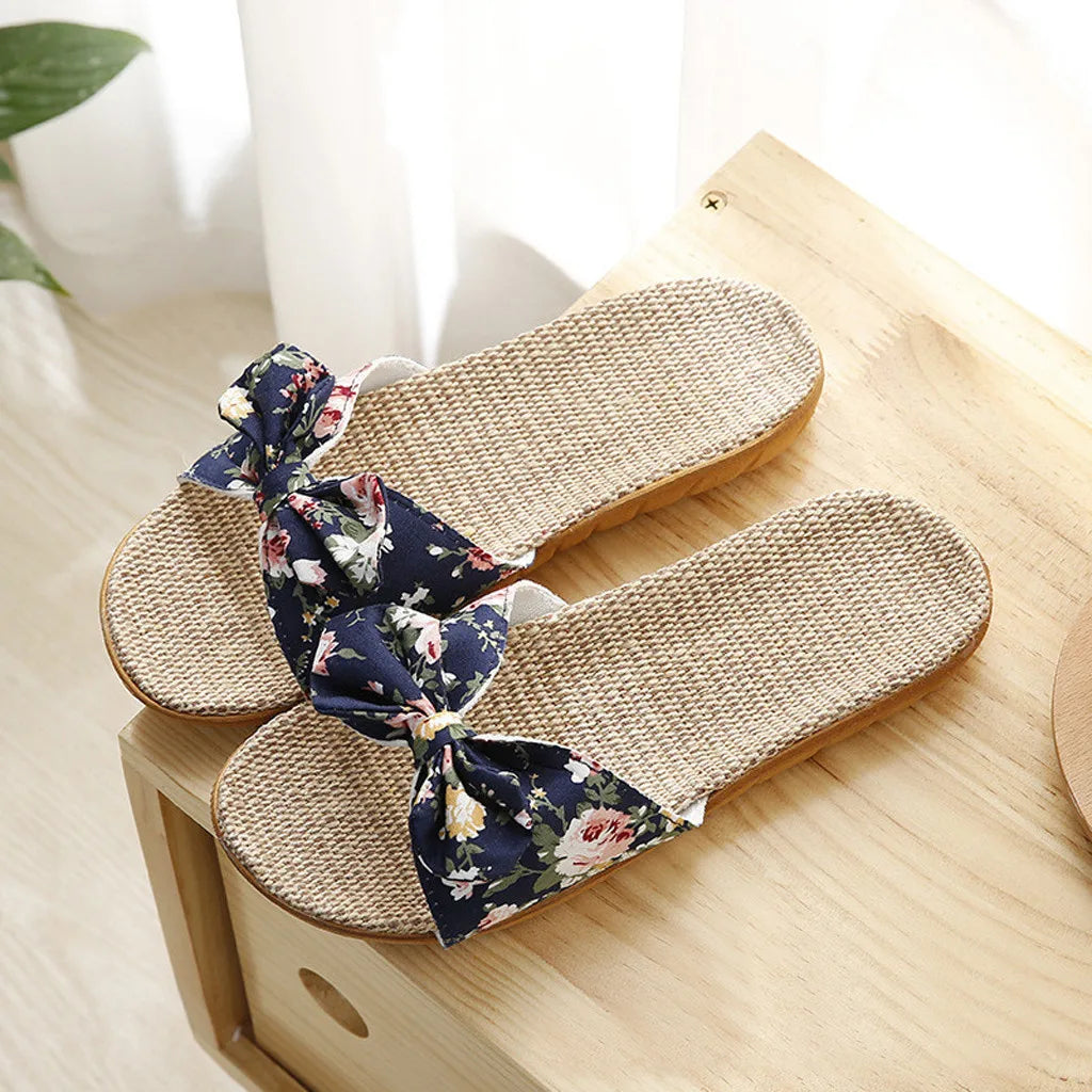 Women's Linen Flip-Flops with Bowknot, Beach Shoes, Slippers
