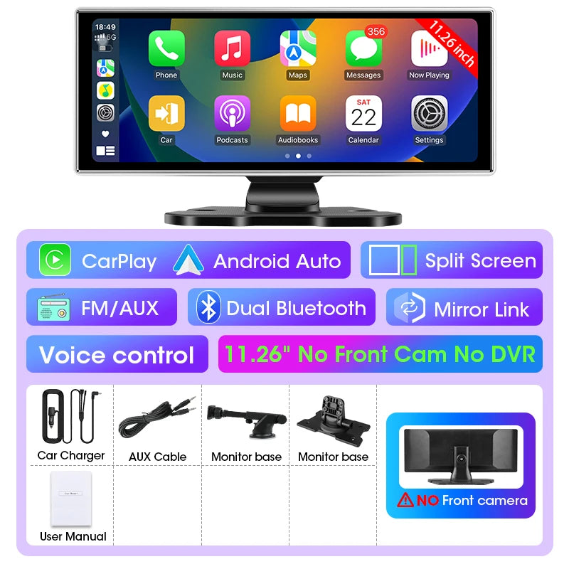 10/11.26 pouces Dash Cam 4K voiture DVR sans fil Carplay et Android Auto GPS Navigation enregistreur vidéo tableau de bord double objectif Wifi FM AUX