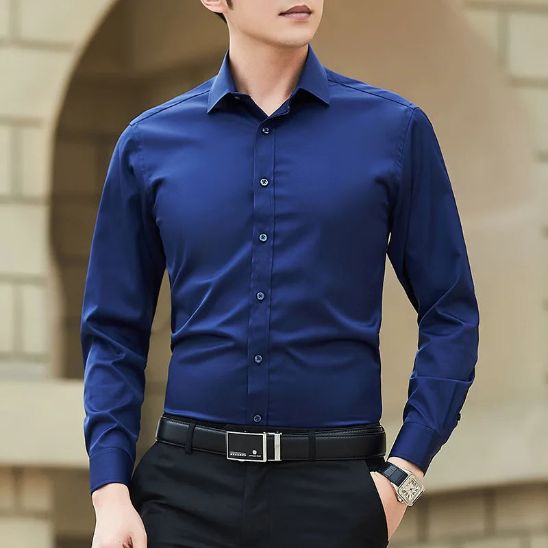 Camisa de vestir de manga larga para hombre, talla grande, color liso, moda clásica, básica, informal, entallada, blanca, ropa de marca, nueva colección