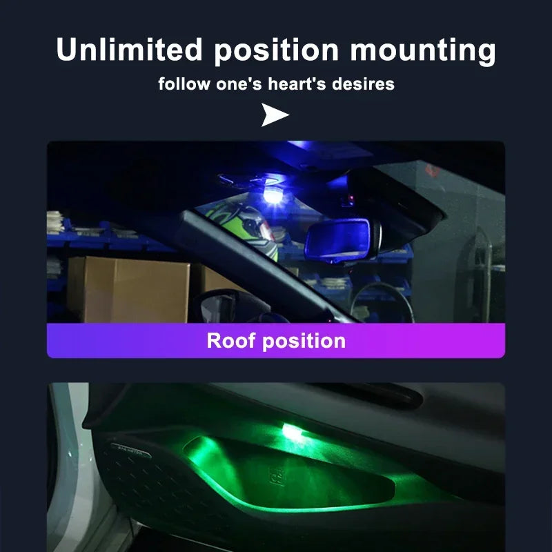 Lumière ambiante LED sans fil pour voiture — intérieur, toit, pied, atmosphère, télécommande, style diamant