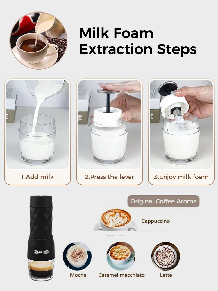 Machine à café portable 3 en 1 — eau chaude/froide, expresso manuel, capsules et café moulu, randonnée