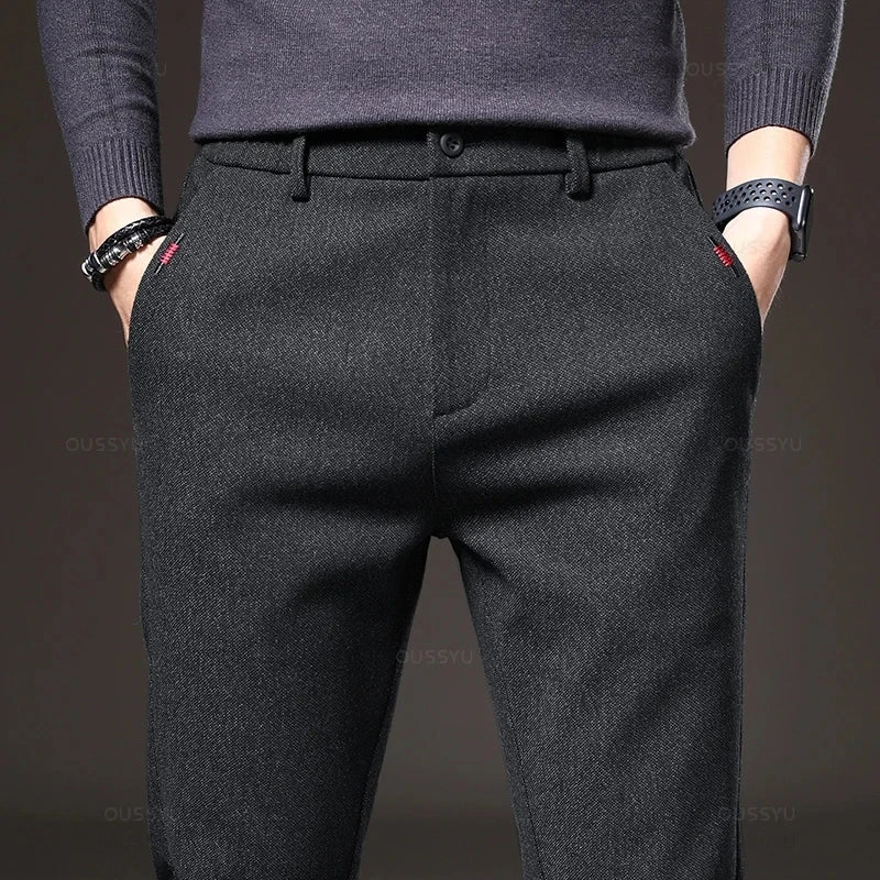 Pantalones casuales de hombre, corte ajustado, cintura elástica, elásticos, de algodón grueso, gris y negro, estilo negocios, nueva colección primavera