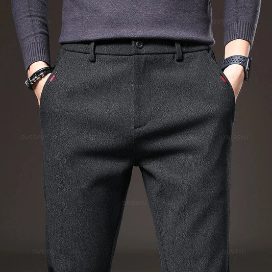 Men's casual slim-fit trousers, elastic waist, stretchy, thick cotton, grey and black, business style, new spring collection