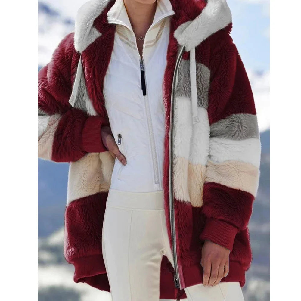 Abrigo de invierno para mujer 2025, chaqueta de mujer con cremallera y capucha, empalmado, cachemira gruesa, chaqueta de mujer, costura a cuadros, abrigos de mujer